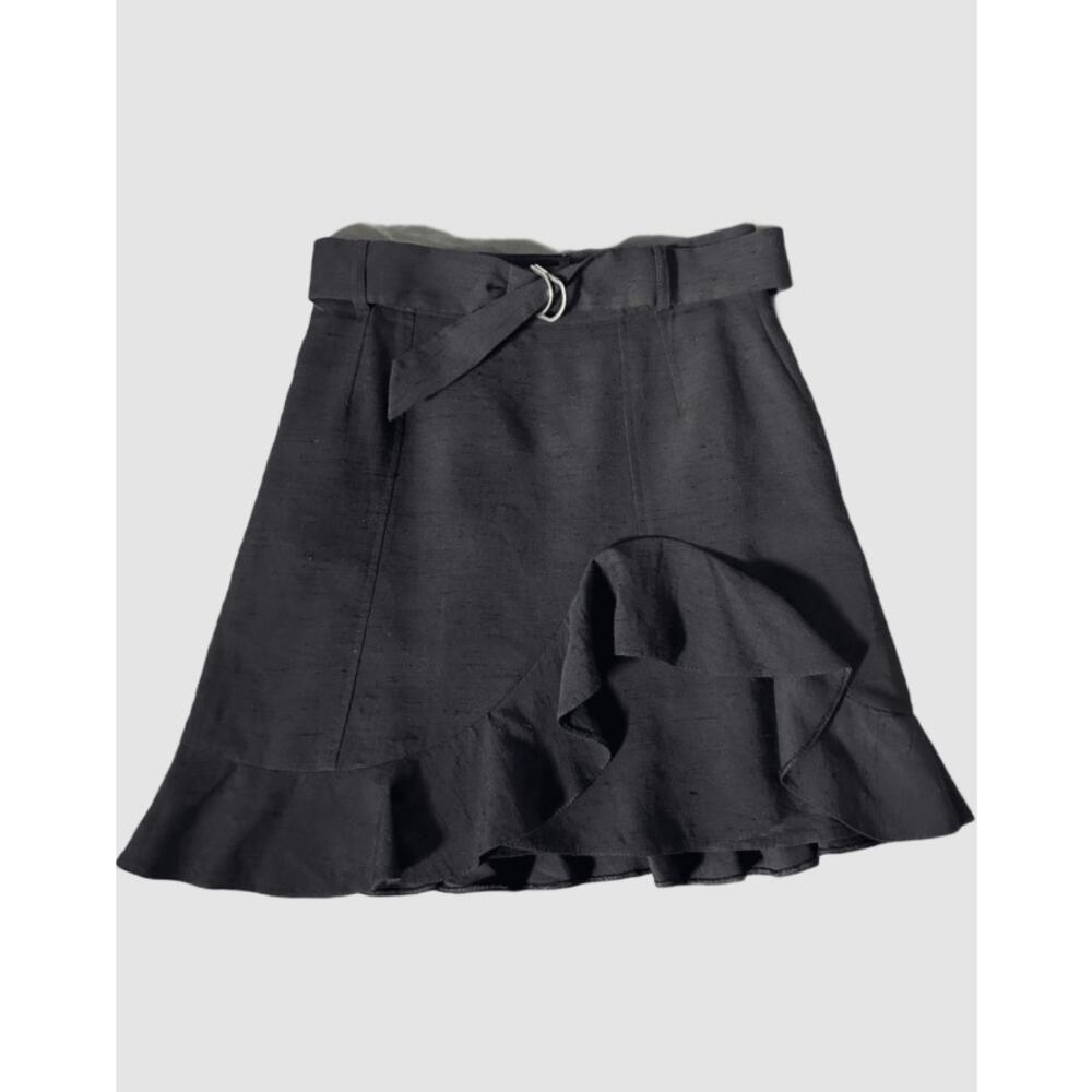Sandro 'Amy' Black Belted Ruffled Slub Woven Mini Skirt Size 1